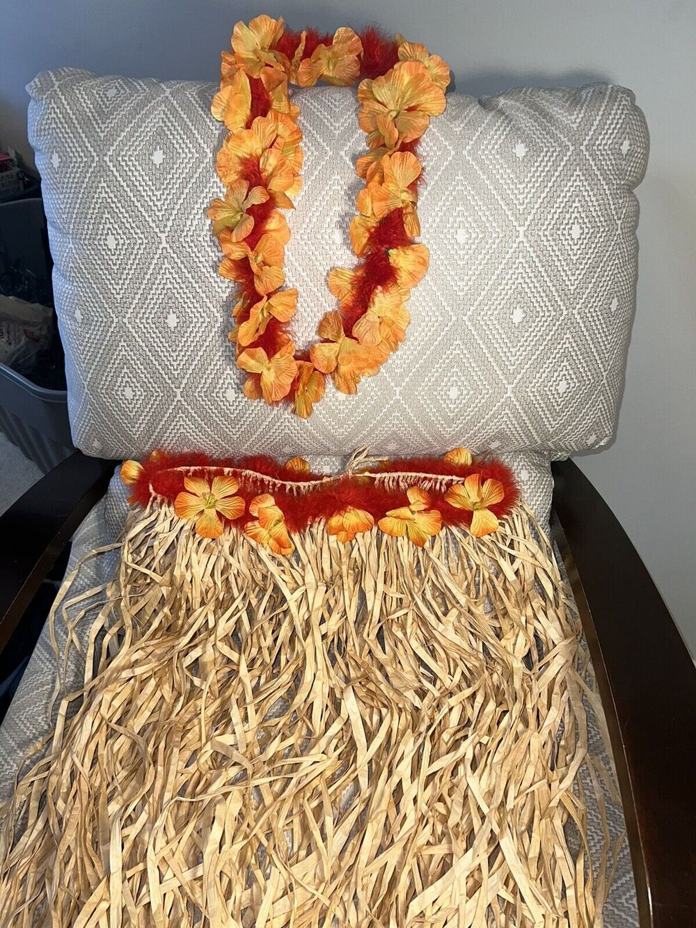 Vintage Halloween Hawaiian Grass Skirt and Red/Yellow Lei --Adult Size